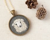 Dolly the Sheep Embroidered Wool Felt Necklace - Animal Portrait - Circle Pendant
