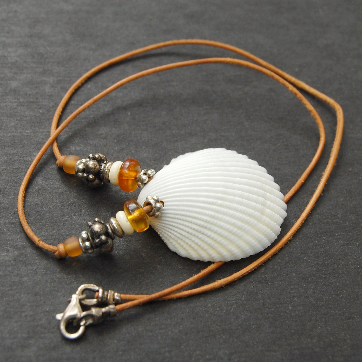 White Seashell Necklace with Genuine Amber, Sterling, and Bone (Summer Sea Breezes)