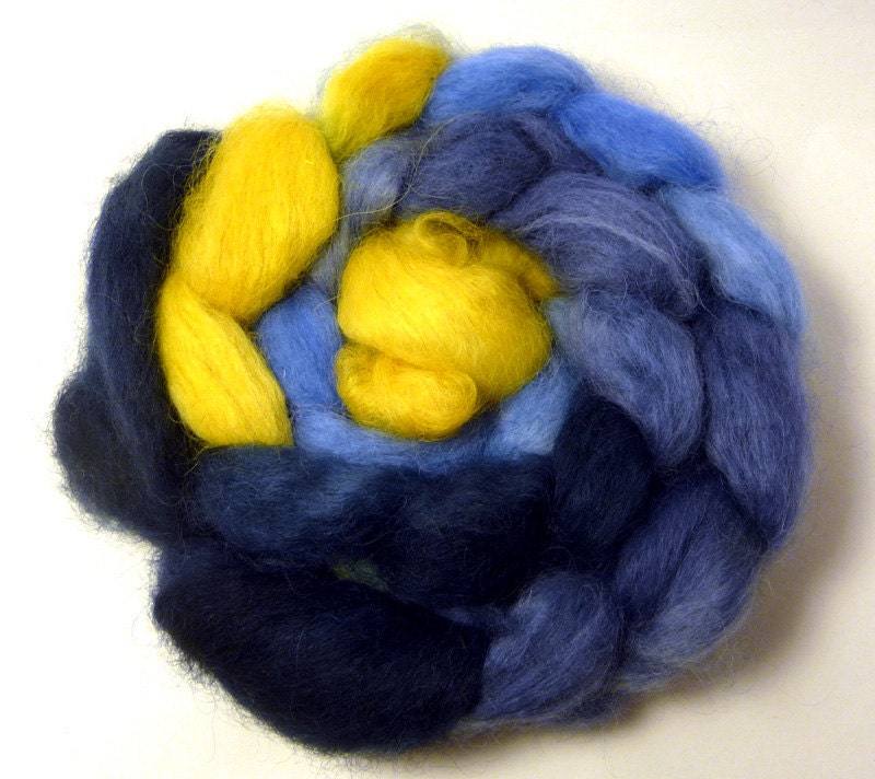 Handdyed Wensleydale Wool Roving - Orlando - blue, navy, slate, gold