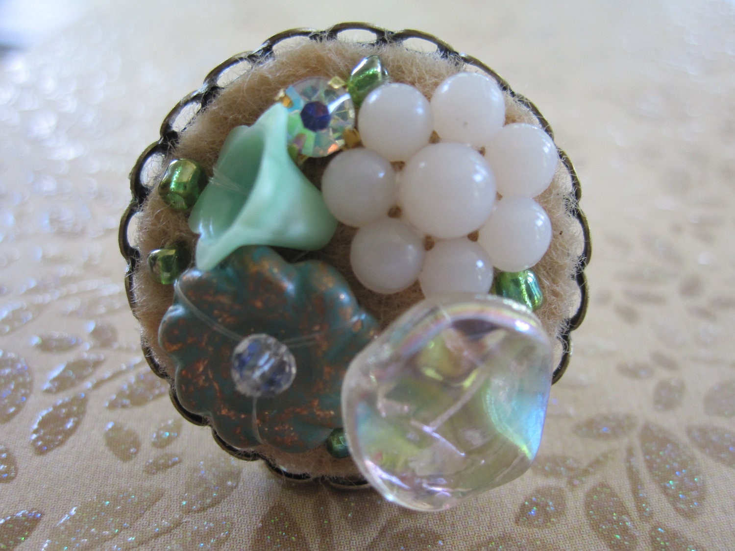 Vintage Plastic Flower Collage - Adjustable Ring
