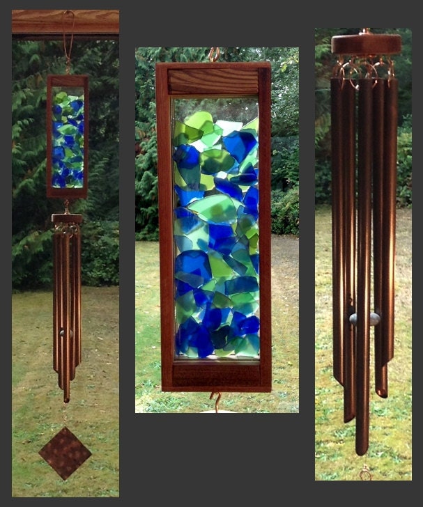 Wind Chime, Beach Glass, Stained Glass, Copper, Handcrafted, Blue Green, Windchimes, Wind Chimes, Suncatcher