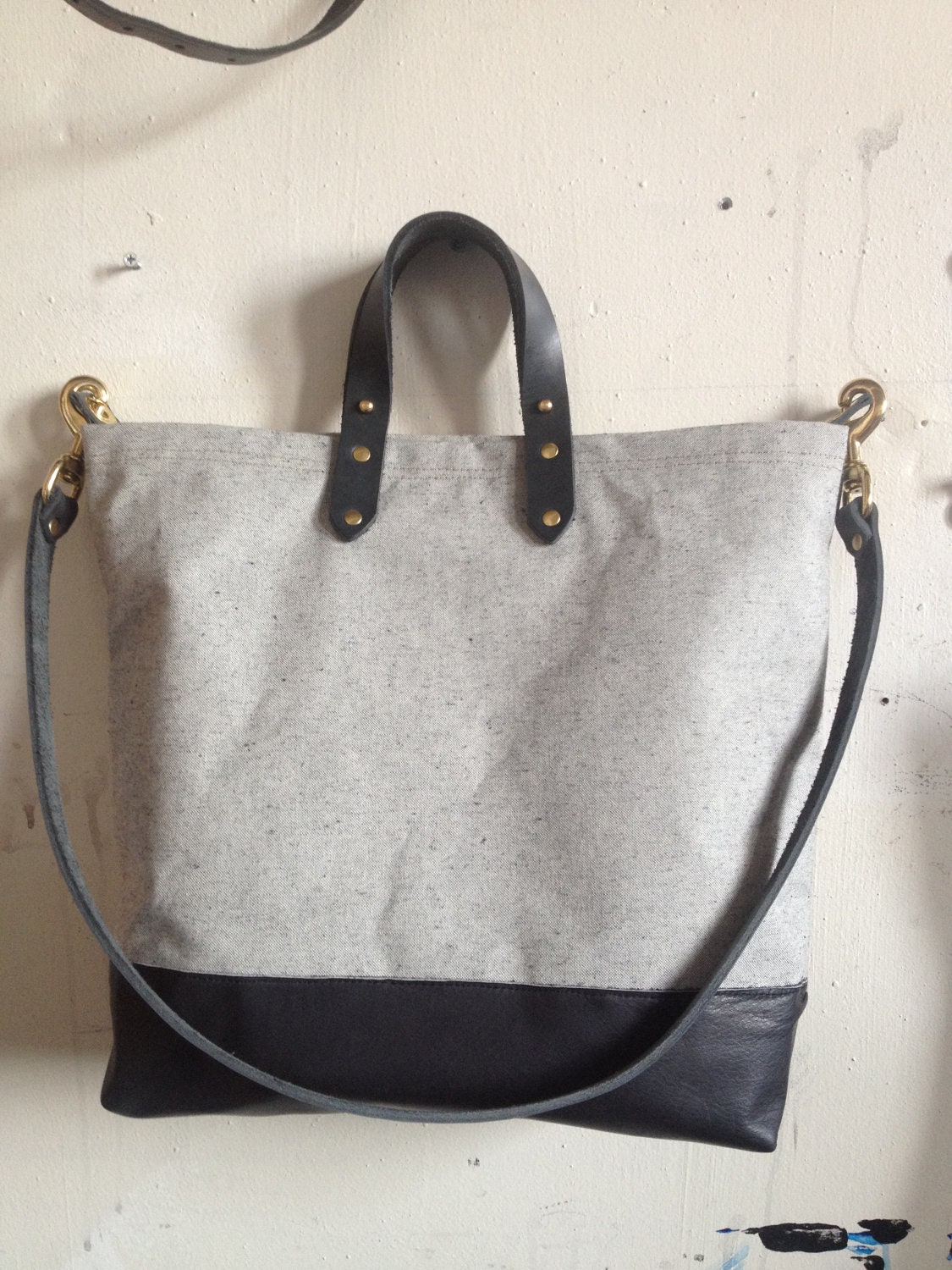 Stone denim and leather large tote
