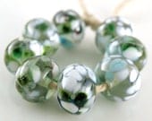 Mint Medley - Handmade Artisan Lampwork Glass Beads 8mmx12mm- Green, Blue, White, Grey - SRA (Set of 8 Beads)