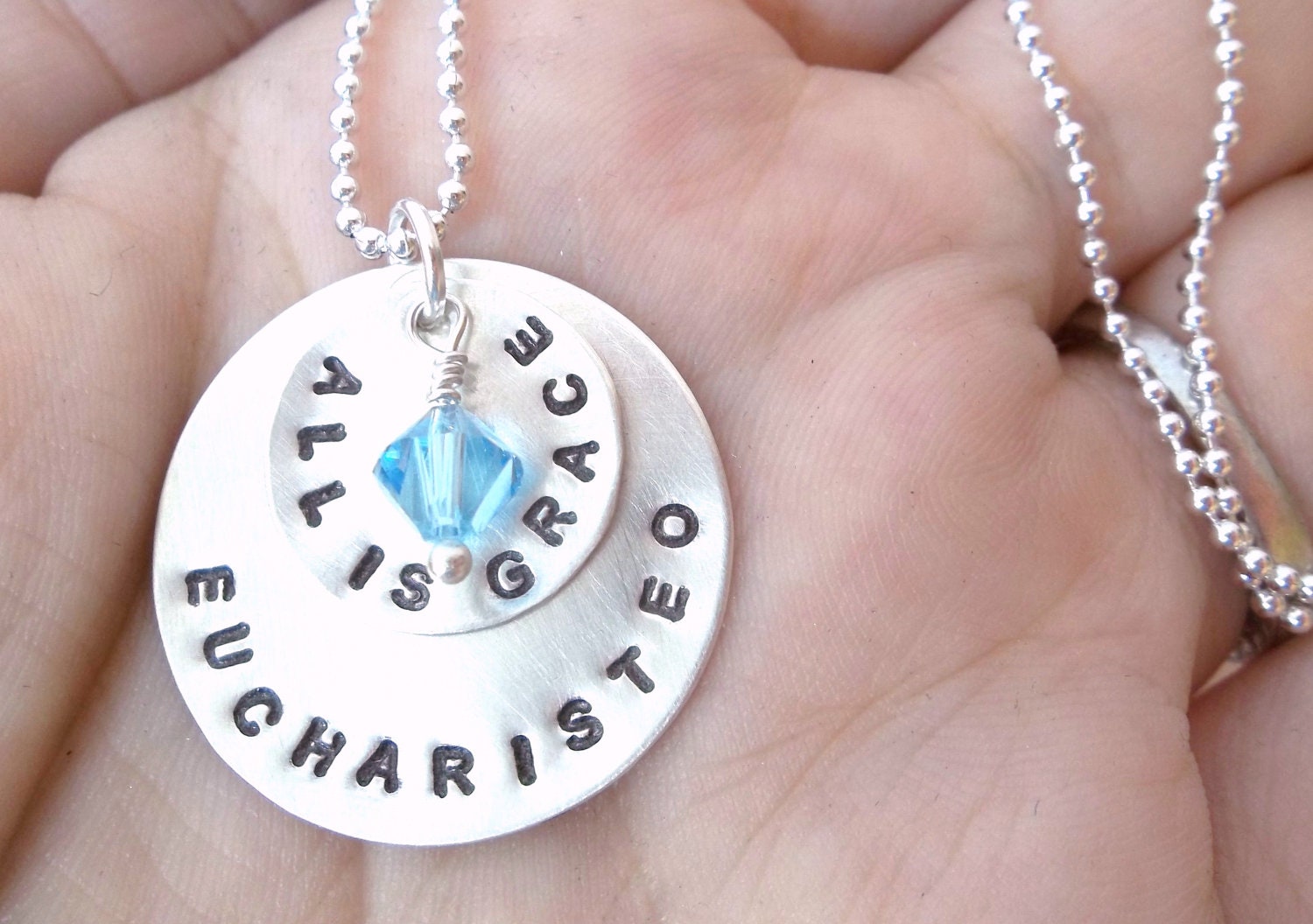 EUCHARISTEO - Custom Hand Stamped Sterling Silver Necklace with two silver discs and one pearl or crystal