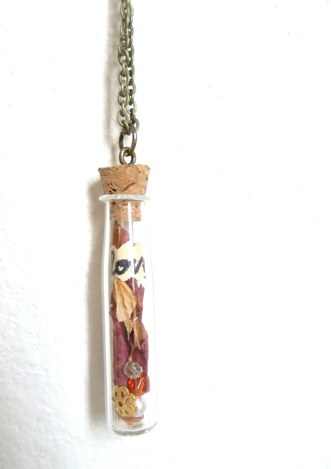 SALE - loved - Unique Necklace featuring glass bottle filled with dried rose petals, beads, and note inside - READY to SHIP