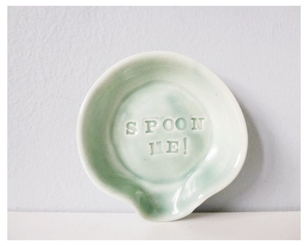Funny SPOON ME spoon rest - mint handmade pottery spoonrest miniature ceramic plate