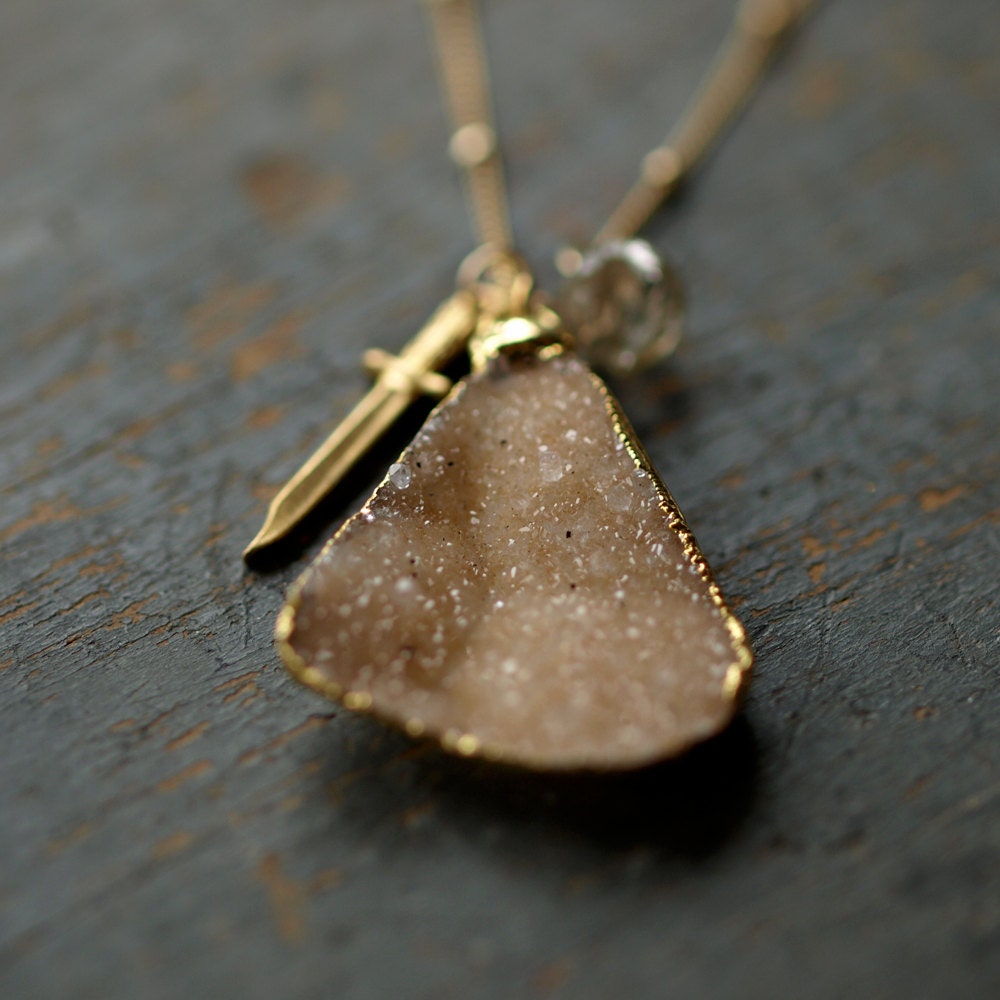 Dagger Druzy Necklace Gold Chain Knife Charm Rutilated Quartz Gemstone Sparkle Jewelry