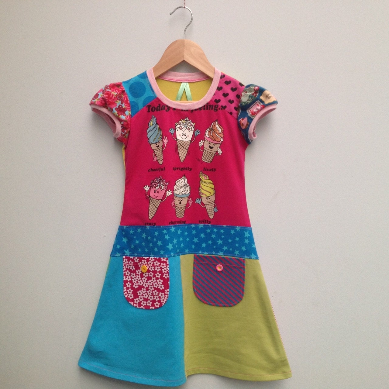 Upcycled Dress Handmade Recycled Dress girl with icecreams Size 6 (europ. size 122/128)