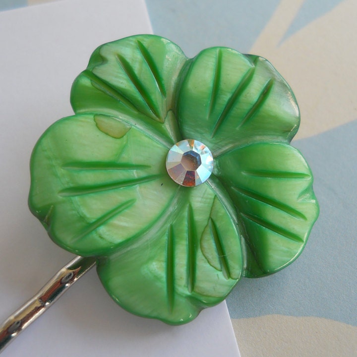 Grass Green Mother of Pearl Flower and Swarovski Crystal Hair Clip Bobby Pin