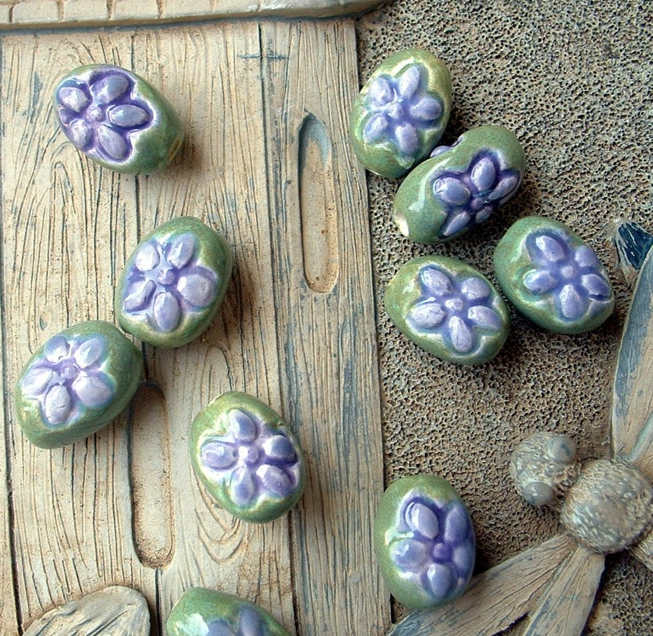 Purple and Green Ceramic Clay Flower Bead