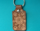 Stamped/Tooled Leather Floral Design Brown Key Ring