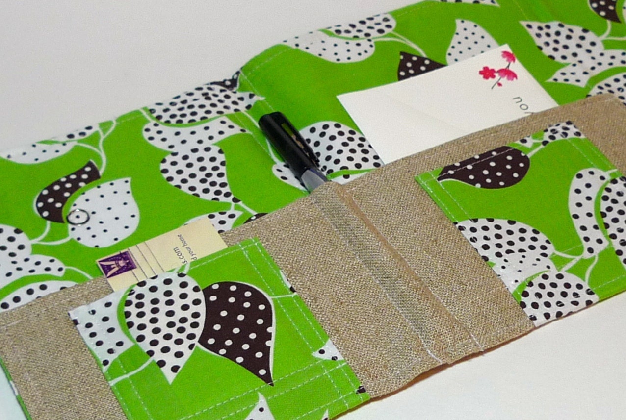 Spring 2013 Notebook Organizer, Stationery, Coupons, Passport Cover- In Touch Clutch in Flea Market Fancy Green Dotty Flowers