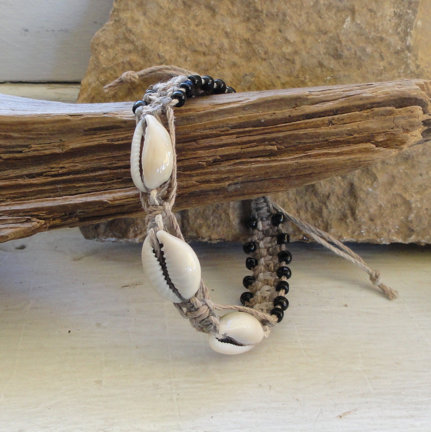 men's or unisex puka shell adjustable hemp bracelet with glass beads