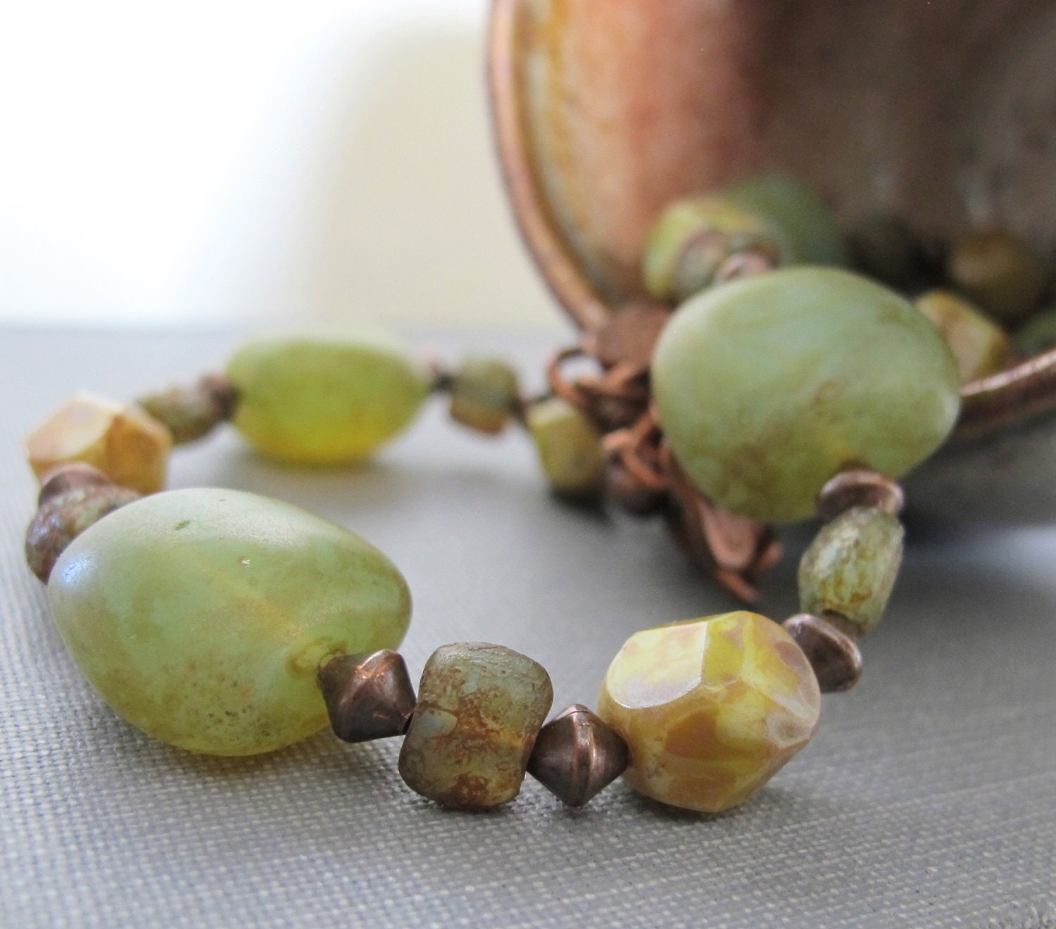 Copper Necklace, Glass Necklace, Czech Glass, Earthy Rustic, Beaded Necklace, Creamy Yellow, Sage Green, Rusty Brown
