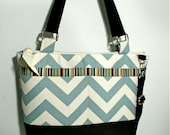 Handbag with Zipper and Pockets in Village Blue Chevron with NEW Adjustable Strap