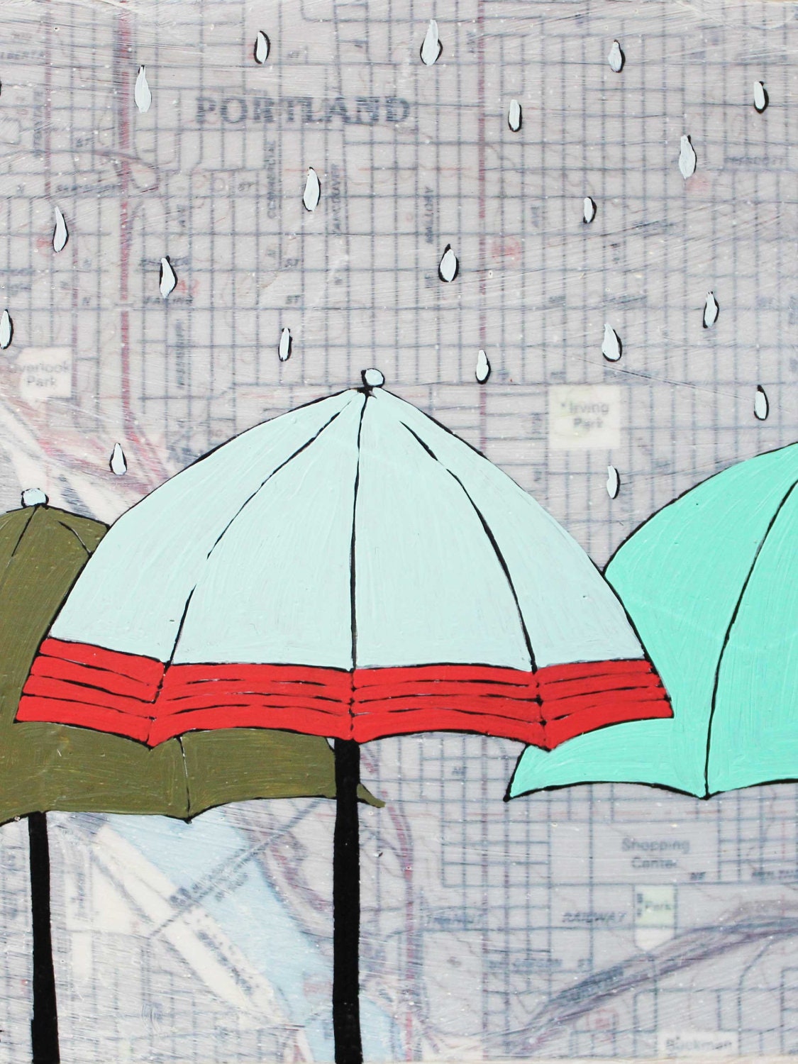 Portland Rain - Archival Map Print 11 x 14 - Umbrella Art