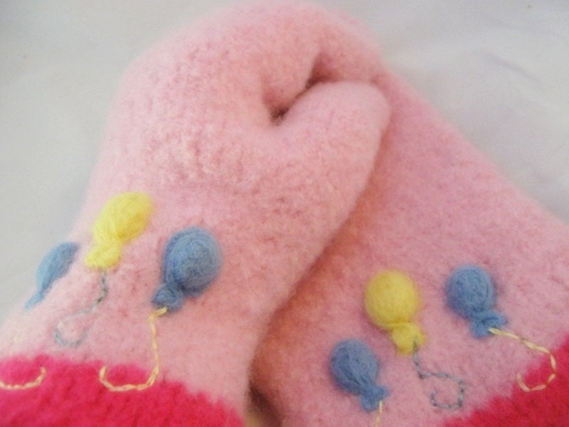 Felted Wool Pinkie Pie Mittens with Needle Felted Pony Balloons Cutie Mark