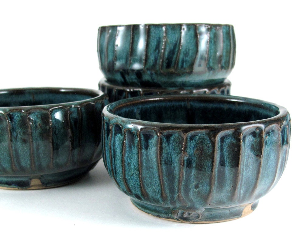 Fluted Prep Bowl Set - Four Snack Bowls in Teal Blue - Handmade Pottery Dessert Bowls - Ice Cream Bowls