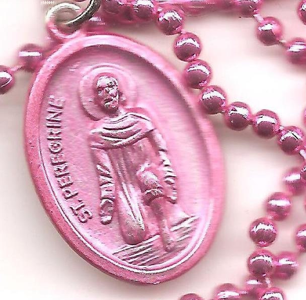 Cancer, St. Peregrine Patron Saint Necklace on Pink Ball Chain