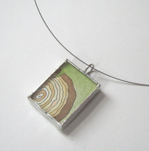 reversible painted illustrated wood tree rings green necklace be present quote