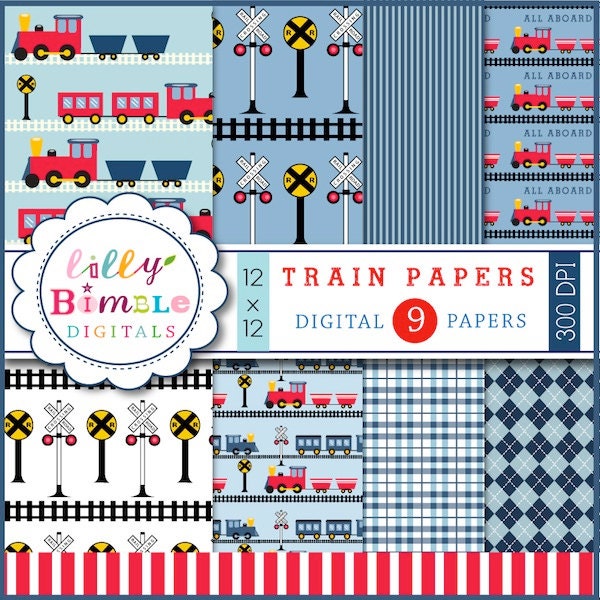 Train Collection Digital scrapbook papers blue and red INSTANT DOWNLOAD Il_570xn