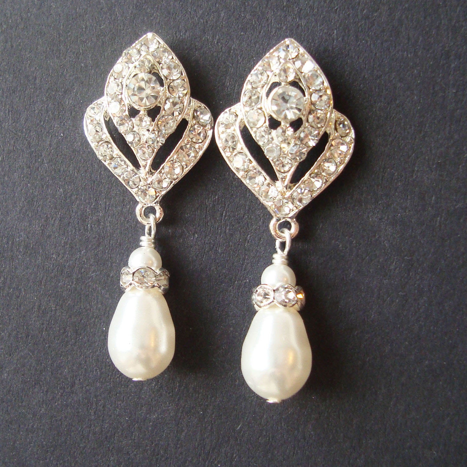 Pearl Bridal Wedding Earrings, Vintage Style Bridal Earrings, Silver Earrings, Pearl Drop Earrings, Art Deco Style Bridal Jewelry, IVANA