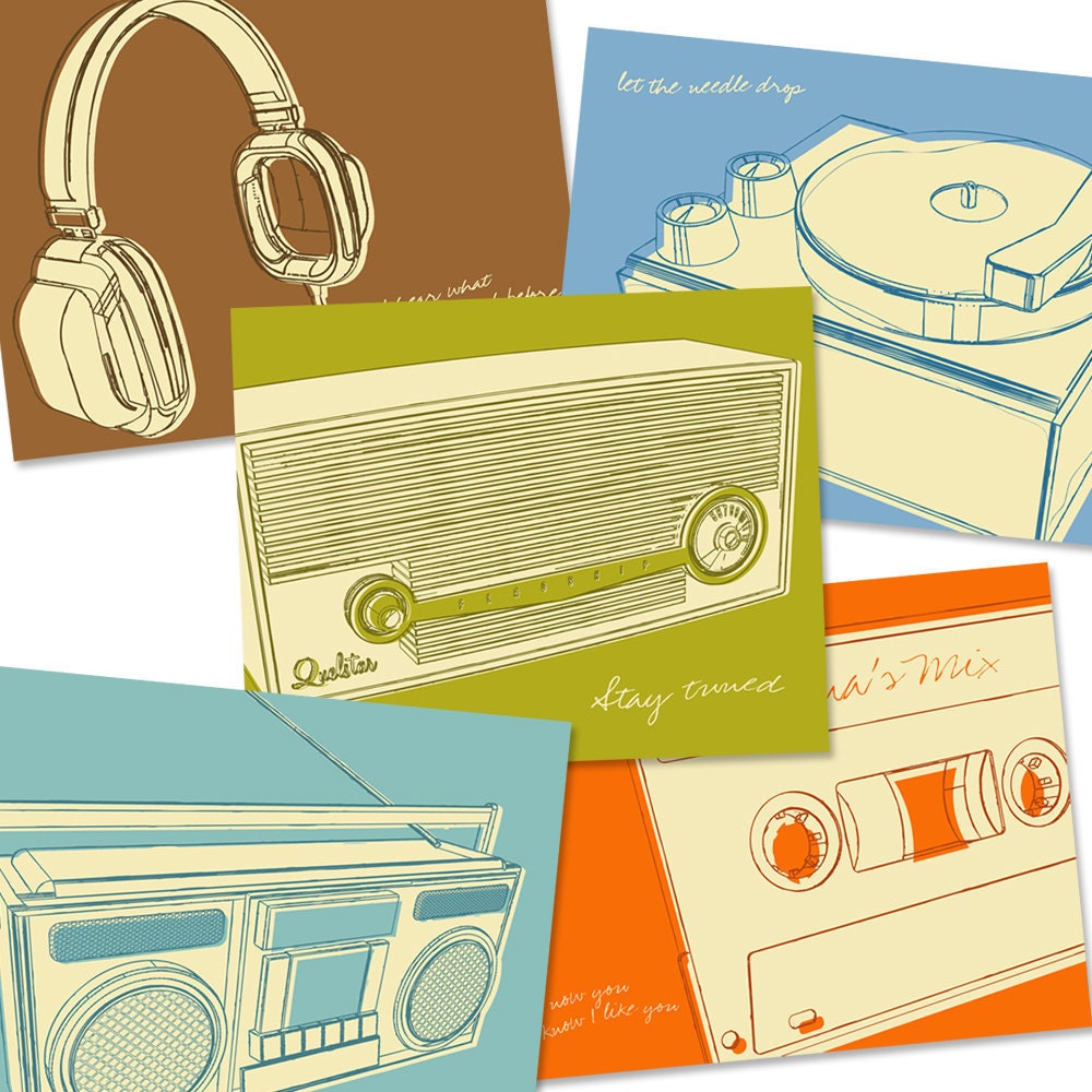 Music Art - Lunastrella Audio and Music Set of Five 8 in x 10 in Prints - Wall Art for Men - Fathers Day Gift for Dad - Gift for Husband