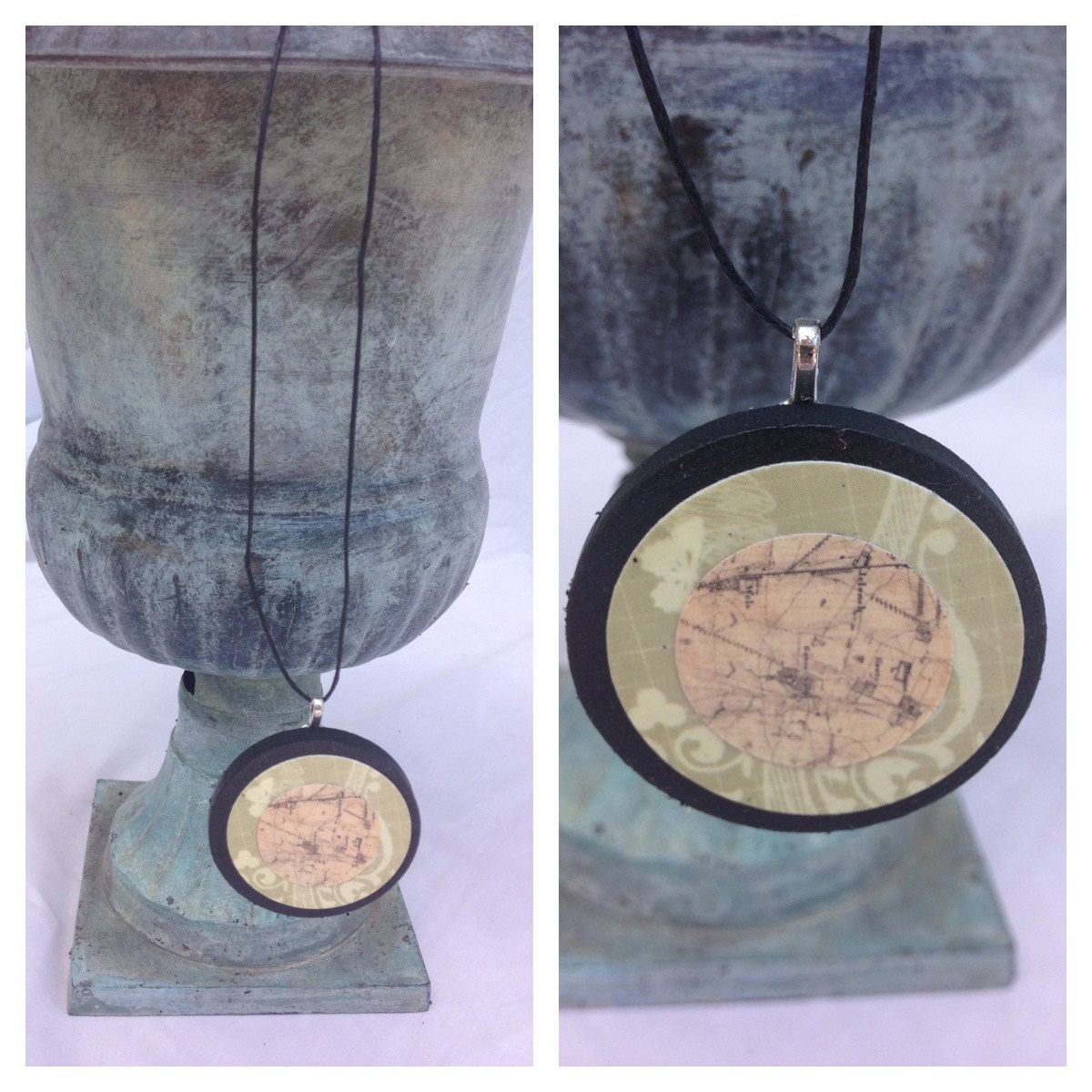 Graphic Necklace Pendant-Wooden Disc Pendant-Pirate Map