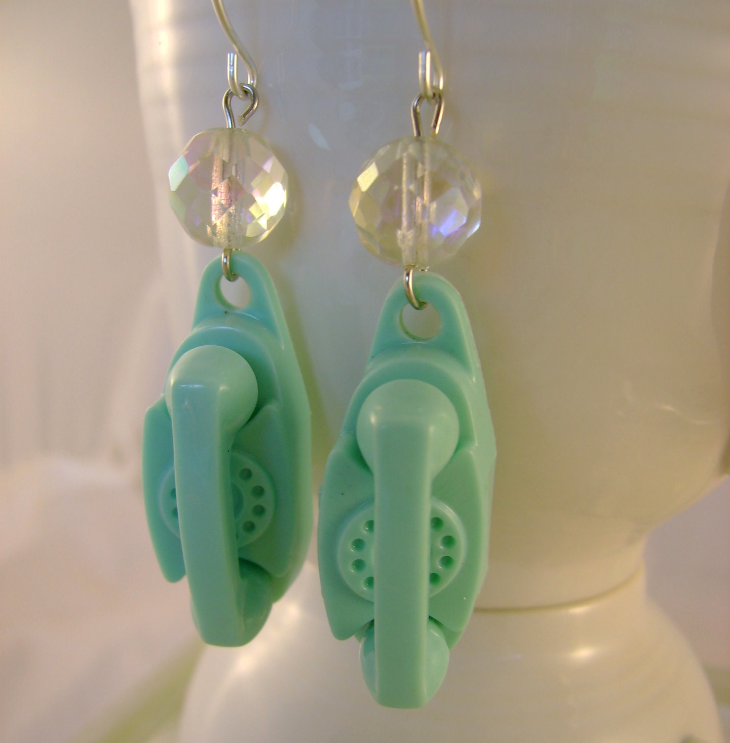 Call Me - Vintage Turquoise Plastic Telephone AB Crystal Recycled Upcycled Earrings