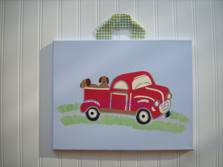 Kids Big Red Ranch Farm Truck Puppy Dog Nursery Wall Decor Art Painting - READY to SHIP