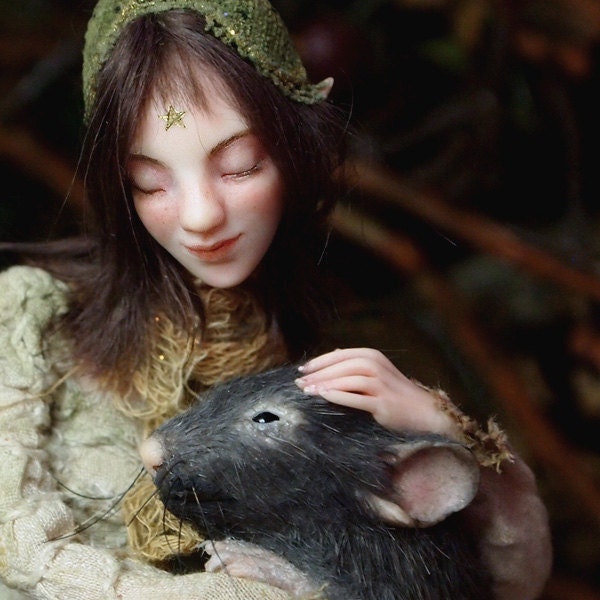Fairy with mouse OOAK Polymer Clay Art Doll Sculpture