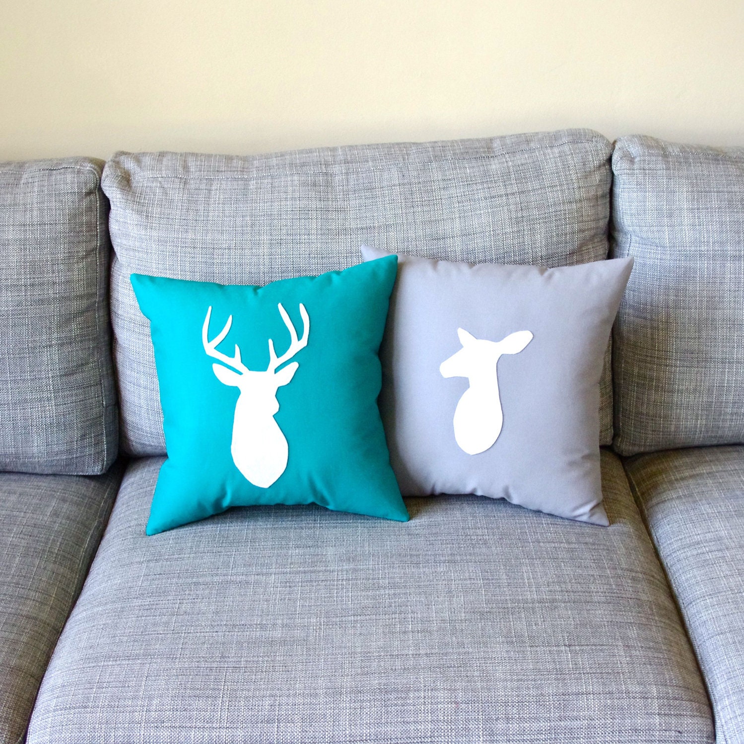 Deer Pillows Wedding Decor - Stag and Doe Decorative Pillow Set in Light Gray and Teal