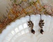 woodland dangle cloisonne earrings- aged brass leaves with burgundy beads