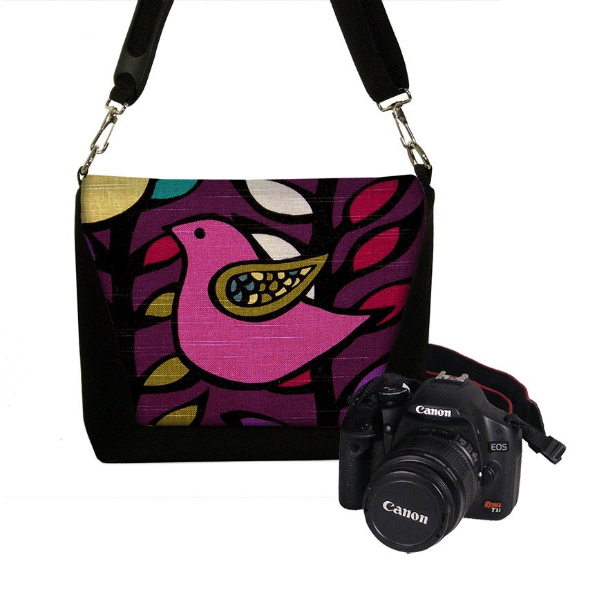 Padded Camera Bag DSLR Camera Bag Slr Camera Bag Purse  - Deluxe Cute Bird Violet Teal Yellow