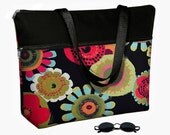Funky Floral  Laptop Tote Bag / 17 inch Laptop Bag with Straps /  17" Laptop Case / Padded / Zippered Top / Black Red Blue