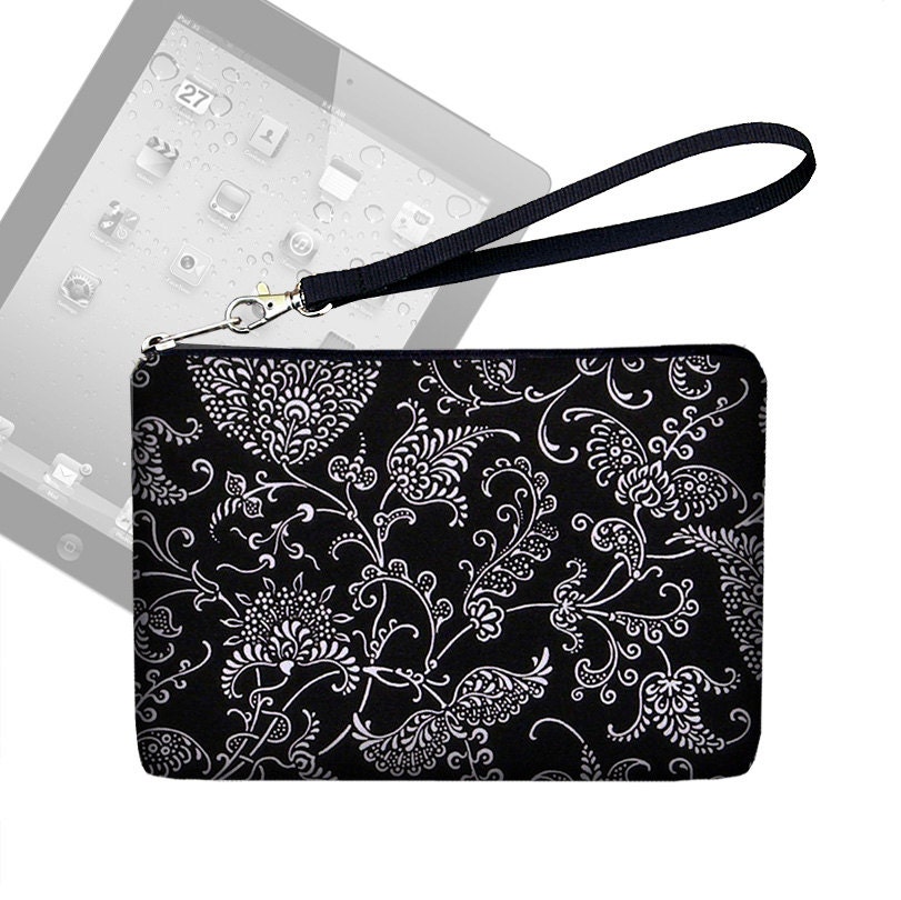 SALE Floral Paisley  iPad Mini Case Cover, iPad Mini Strap Wristlet, Padded Zipper Pouch black white (RTS)