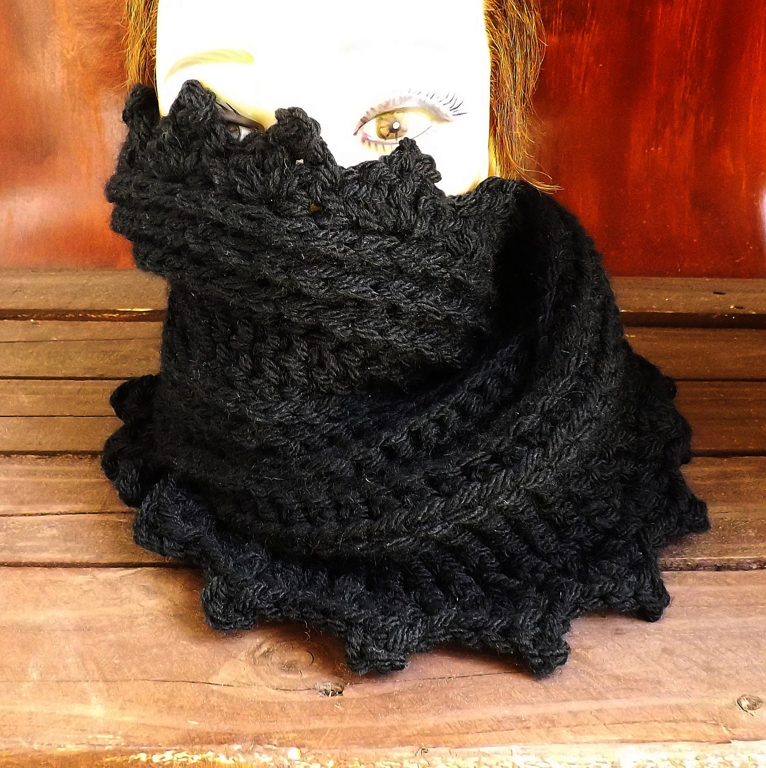 Womens Crochet Scarf -  LAUREN Womens Infinity Scarf - Womens Cowl Scarf in Black with Picots - Wool Scarf Women - Crochet Scarf Women