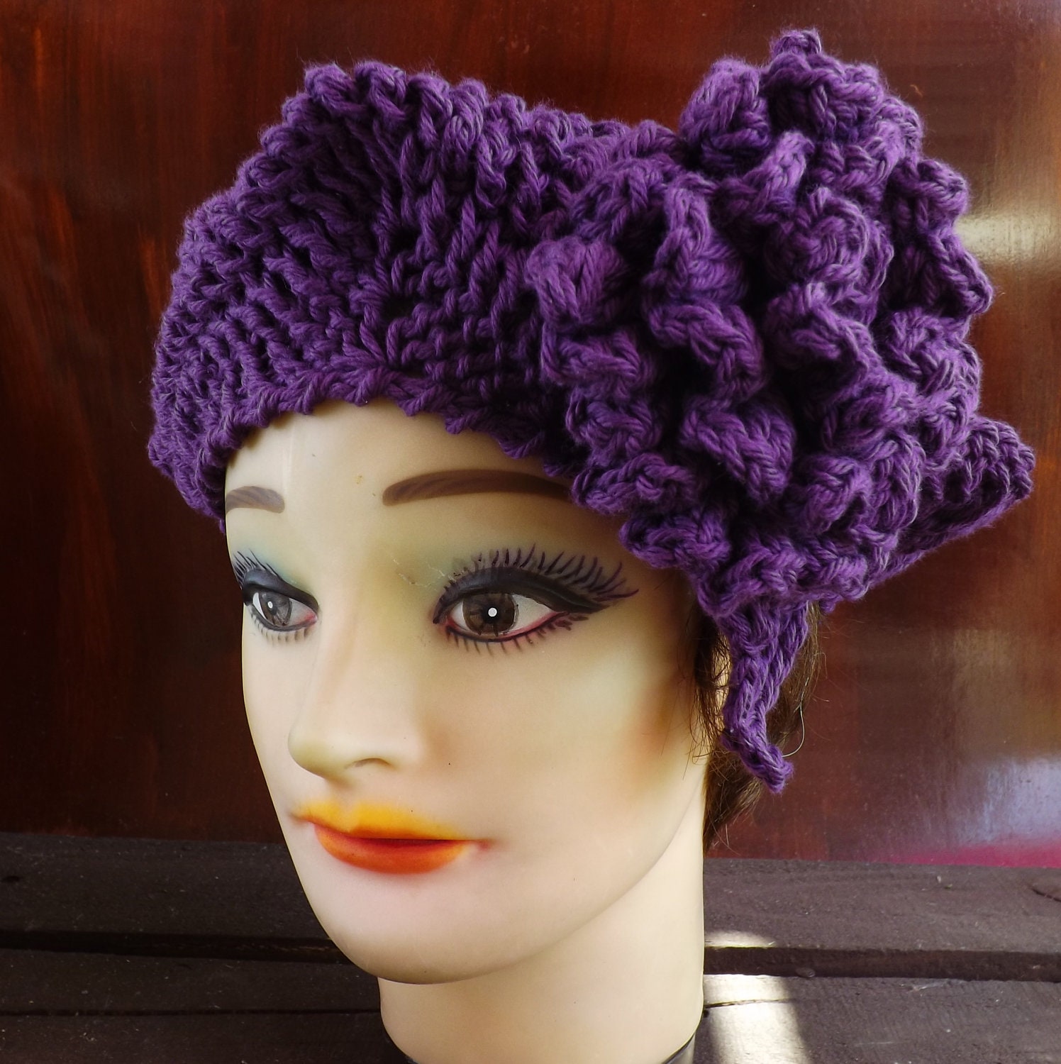 Crochet HAT Women Hat - Lynette Cotton Womens Beret Hat in Mulberry Purple - Crochet Hat With Flower - Crochet Womens Hat - Burlesque Hat