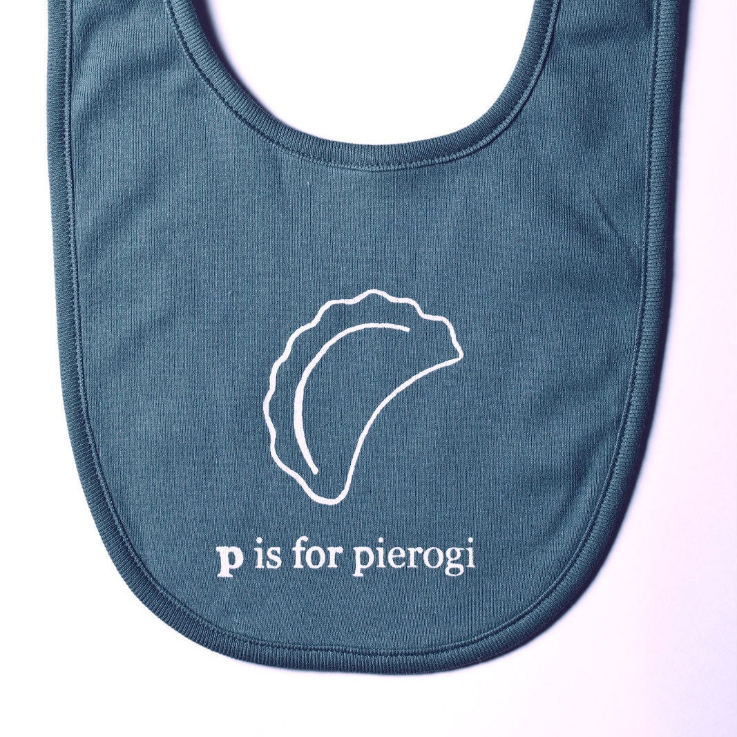 P is for Pierogi Organic Baby Bib -Galaxy Blue infant, Polish, Poland, Pittsburgh, pirogi - garbella