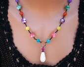 White Howlite Necklace Mother of Pearl Jade Black Wire Wrapped Multi Color SUMMER RAINBOW