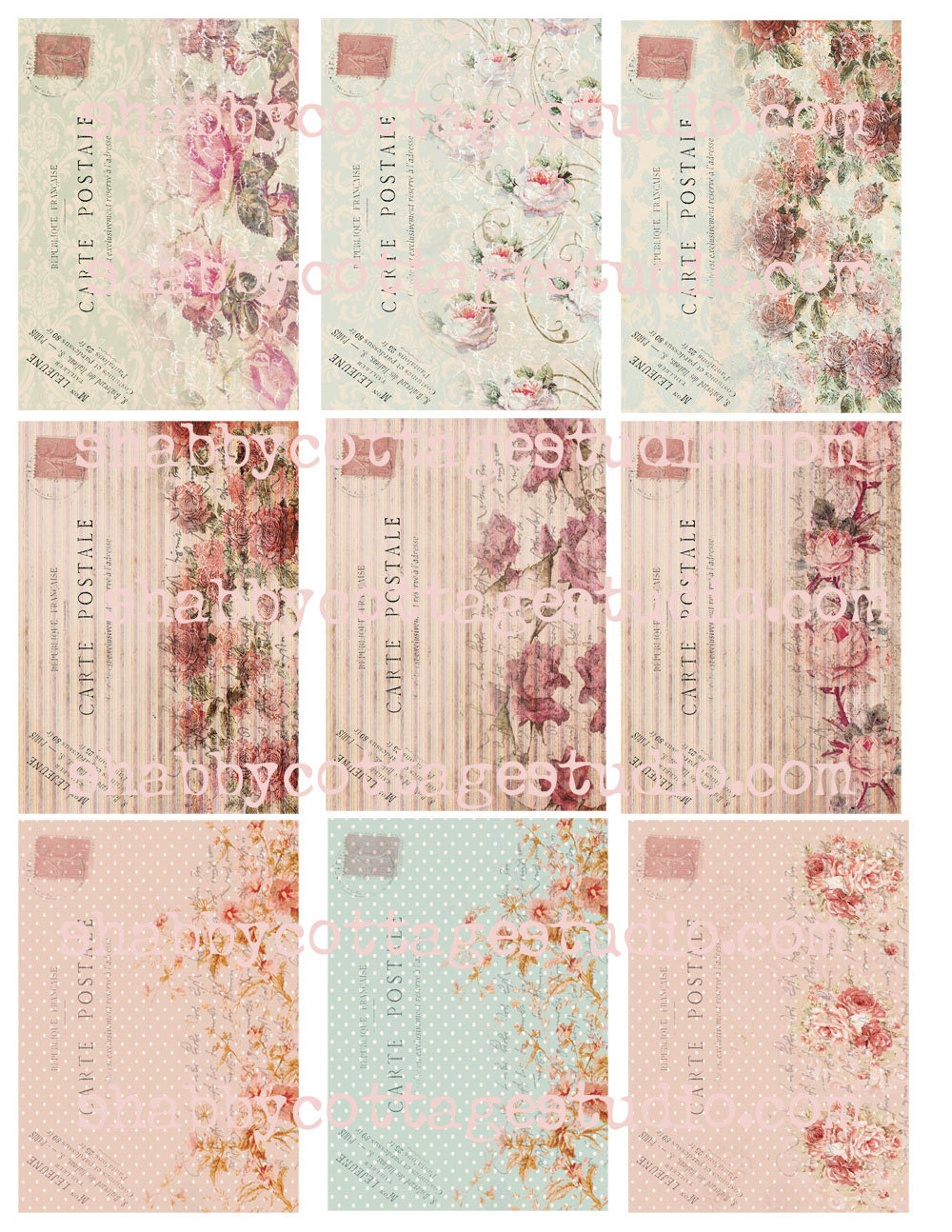 DIGITAL ATC BACKGROUNDS Shabby Floral French Postcards 2