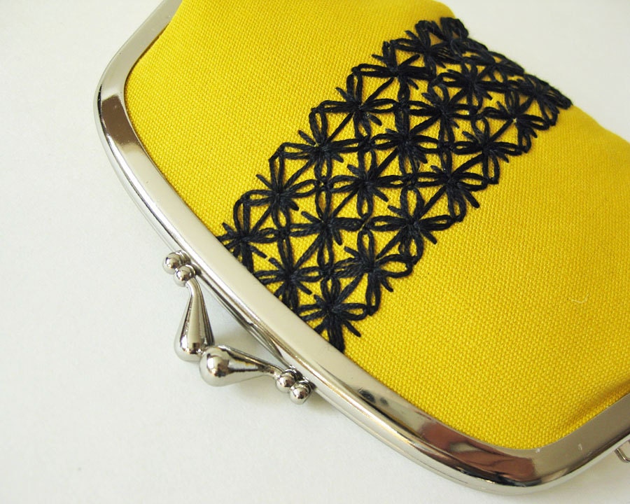 Black lattice on mustard coin purse/ wallet