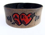 Leather Cuff Custom Initials Adjustable Bracelet Two Hearts Beat as One