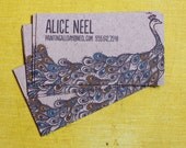 Peacock Calling Cards-Rust and Teal on Kraft