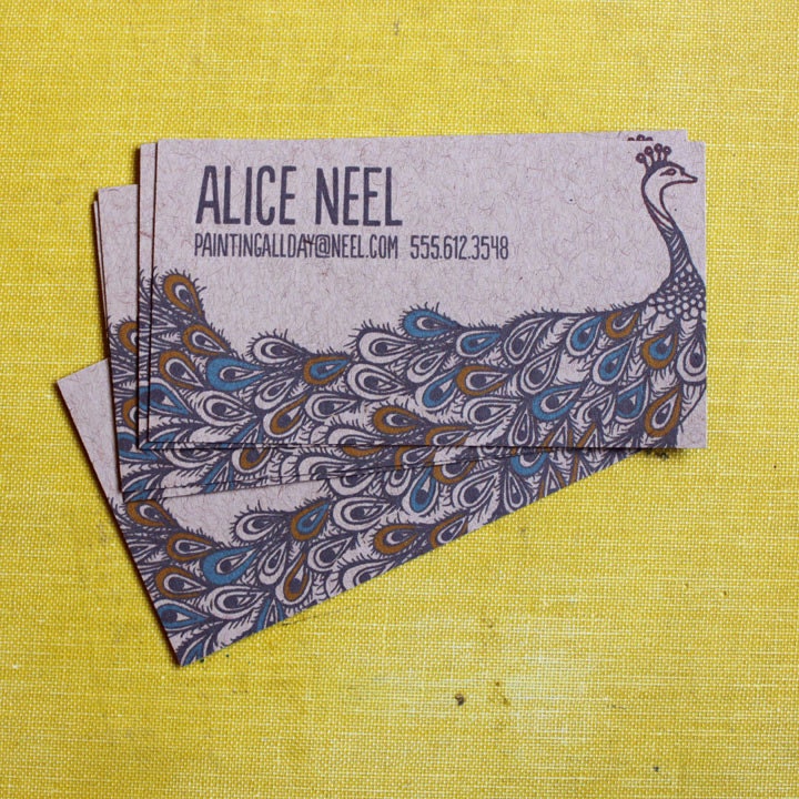 Peacock Calling Cards-Rust and Teal on Kraft