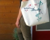 SALE  - Organic Cotton Red Blossom Branch Tote Bag - Hand screen printed japanese blossom - (house warming gift etc)