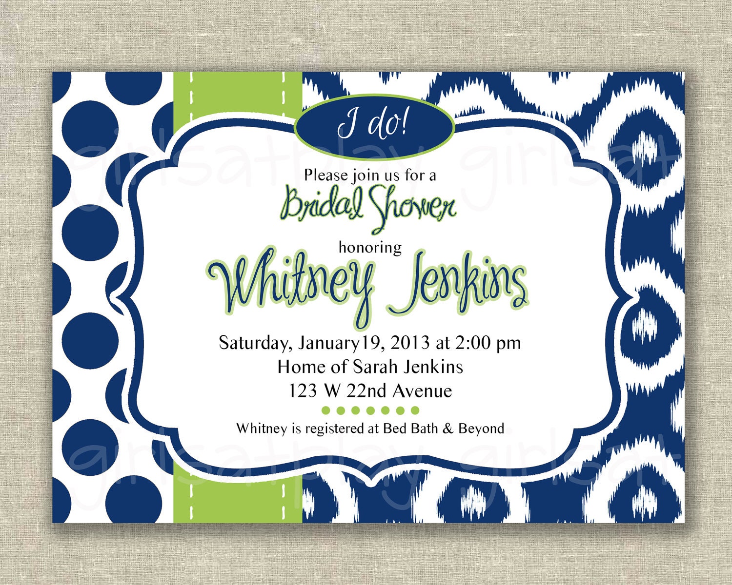 MODERN Bridal Shower Invitation Navy Kiwi green Ikat Dots Digital girlsatplay by girls at play Etsy Il_170x135