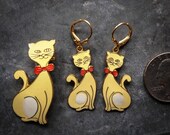 Cat and Kittens Earrings and Brooch Set, Vintage, Upcycled