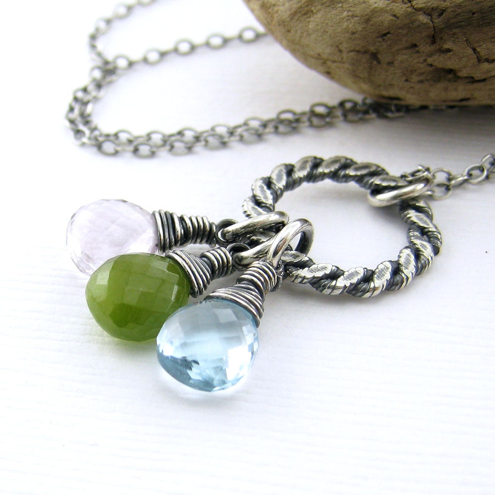 CLEARANCE Gemstone Necklace Blue Topaz Vesuvianite Pink Amethyst Oxidized Circle Pendant OOAK Sterling Silver Fashion Jewelry