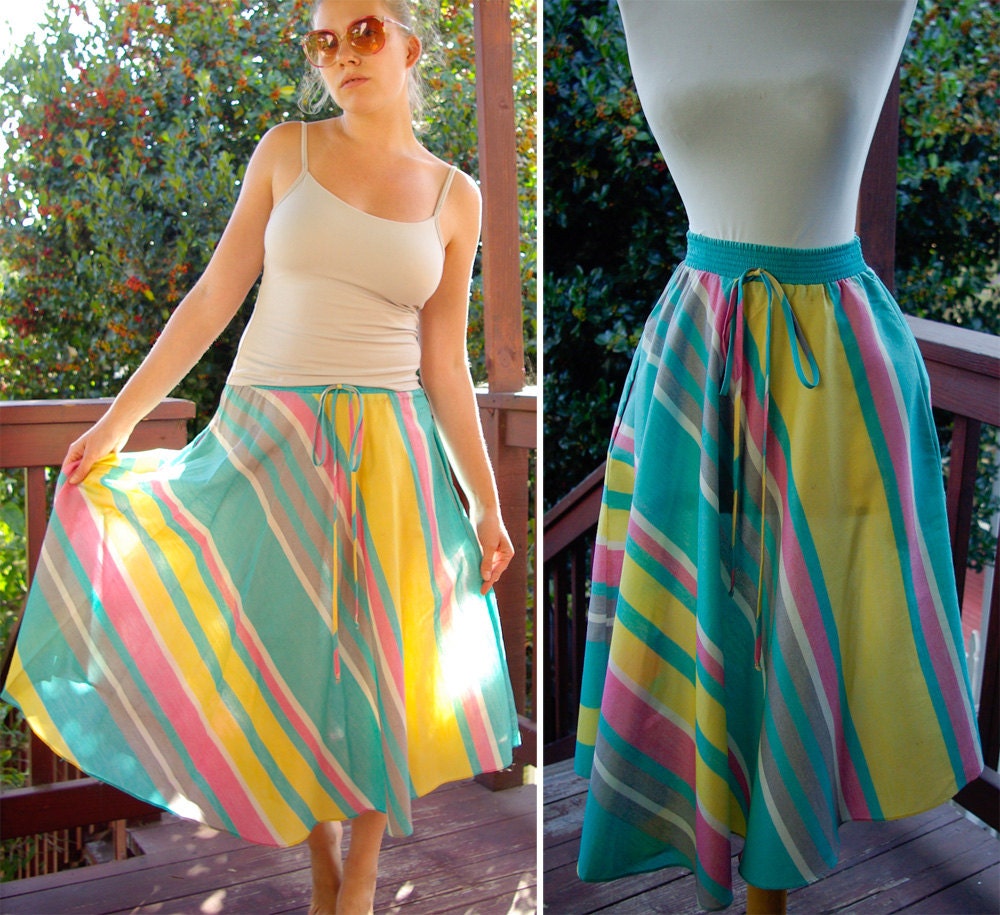 CANDY Stripes 1970's 80's Vintage Teal Pink & Yellow Striped Cotton Skirt size Small Medium
